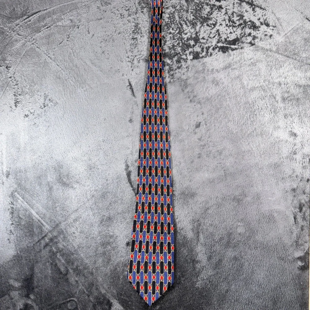 Neiman Marcus Mens Silk Tie Blue Red Diamond Geometric Hand Made in Spain 60in